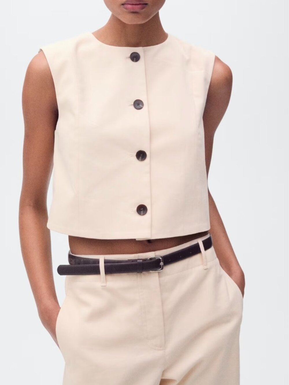 Beige cotton button down vest crop top Sz XS